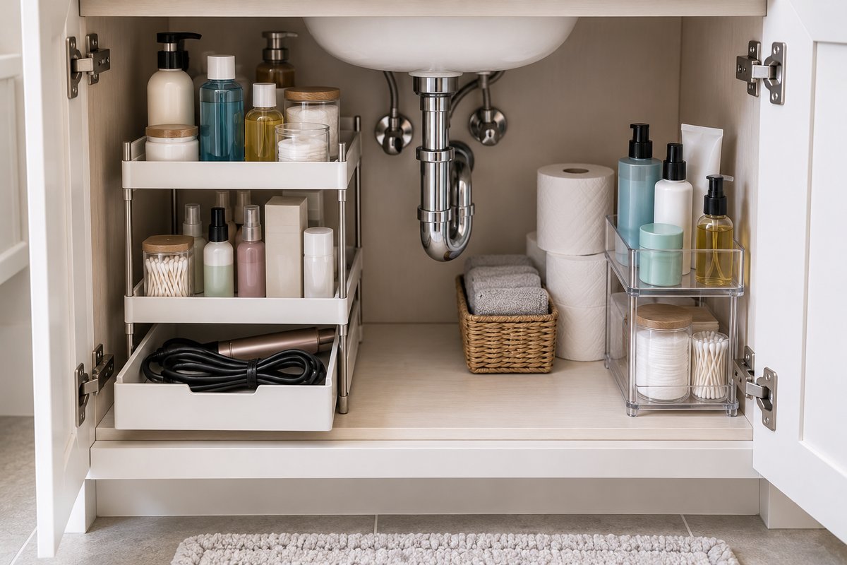Under-sink bathroom cabinet with stacked tiered organizer and pull-out drawer, under sink storage ideas