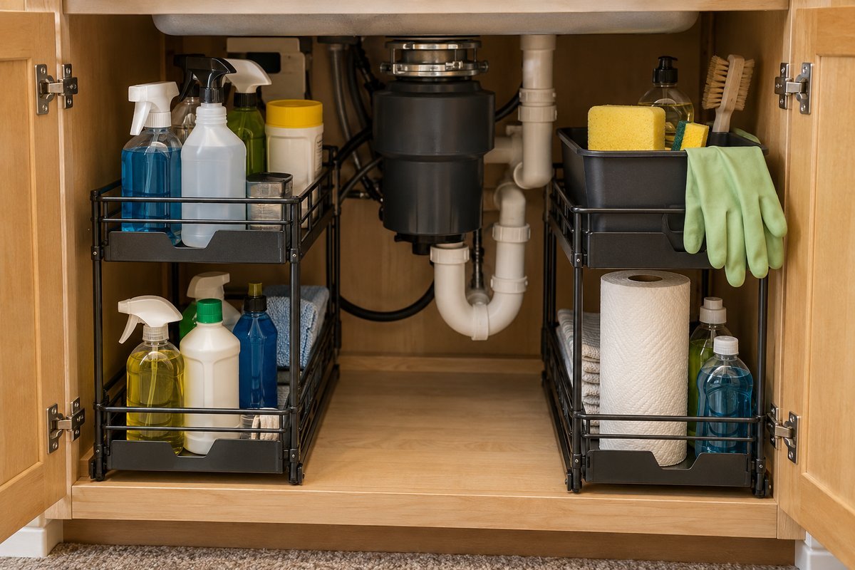 Under-sink kitchen cabinet with sliding organizer around the pipe and garbage disposal, under sink storage ideas