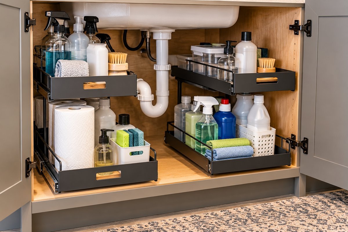 Under-sink pull-out drawers split on either side of the pipe, holding cleaning supplies