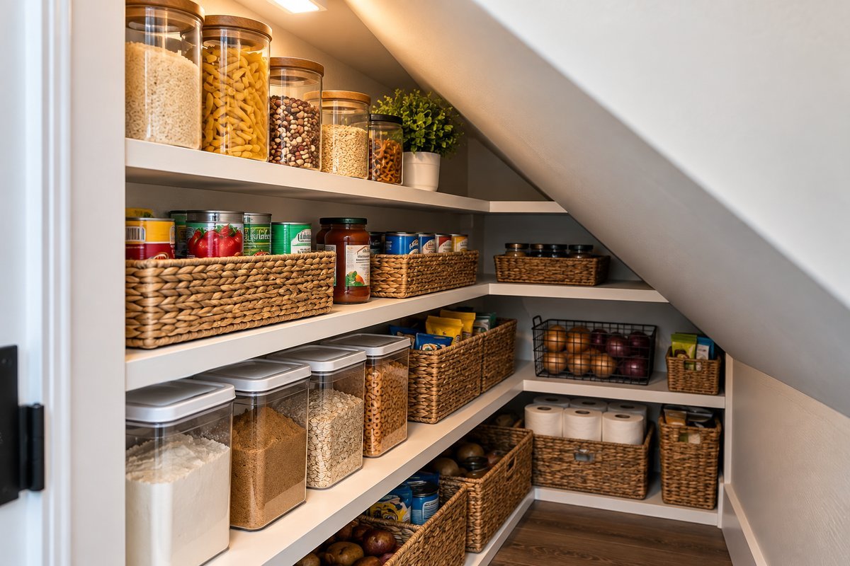 Under-stairs pantry with angled shelving built into the sloped ceiling