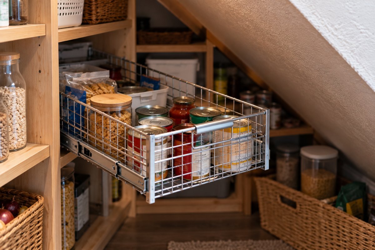 Under stairs pantry ideas: pull-out drawer and low-headroom shelf detail