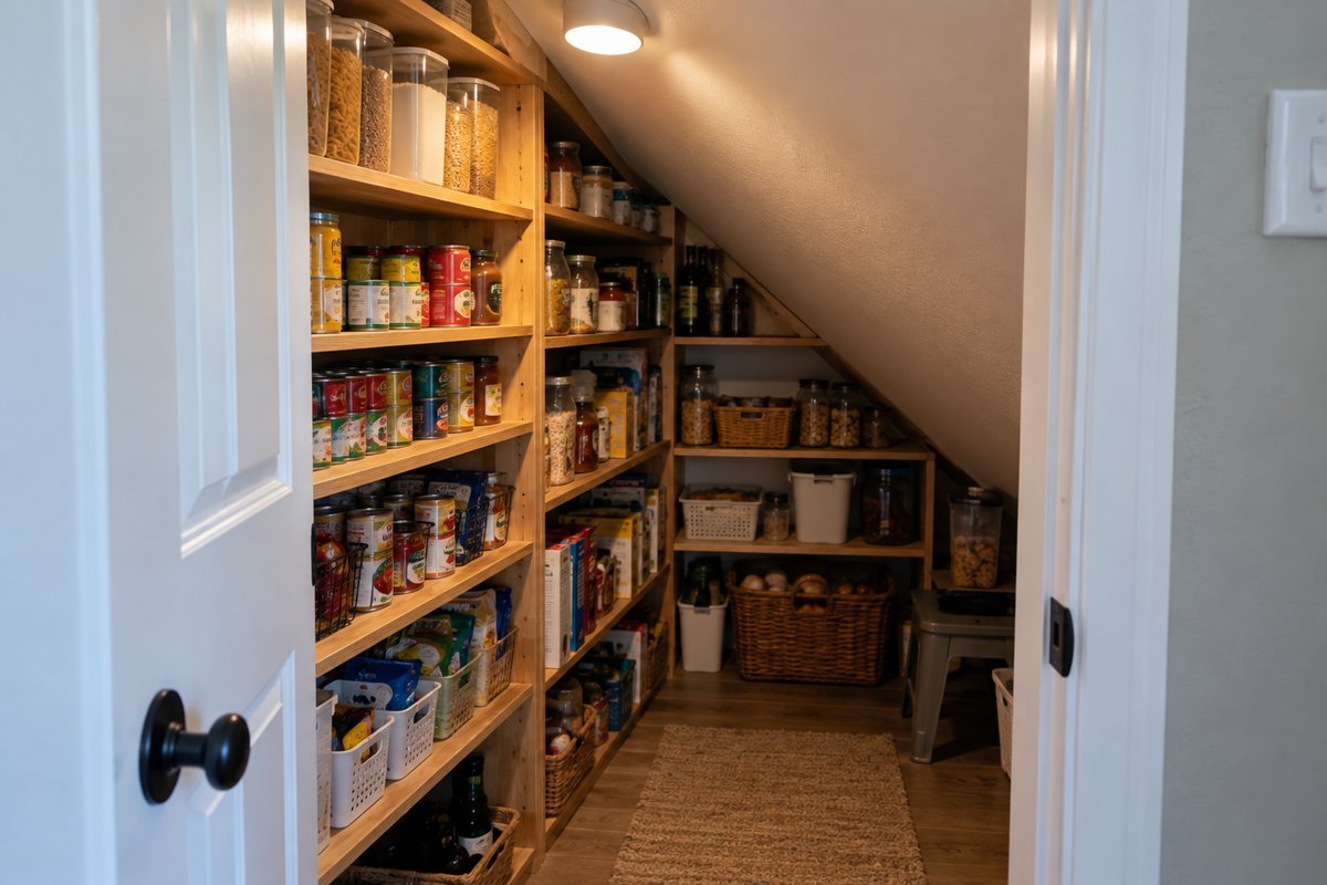 Under stairs pantry ideas: open shelving built into a sloped staircase wall