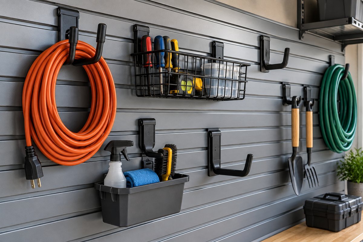 Close-up of a garage wall panel system with hooks holding an extension cord, a hose, and a wire tool basket