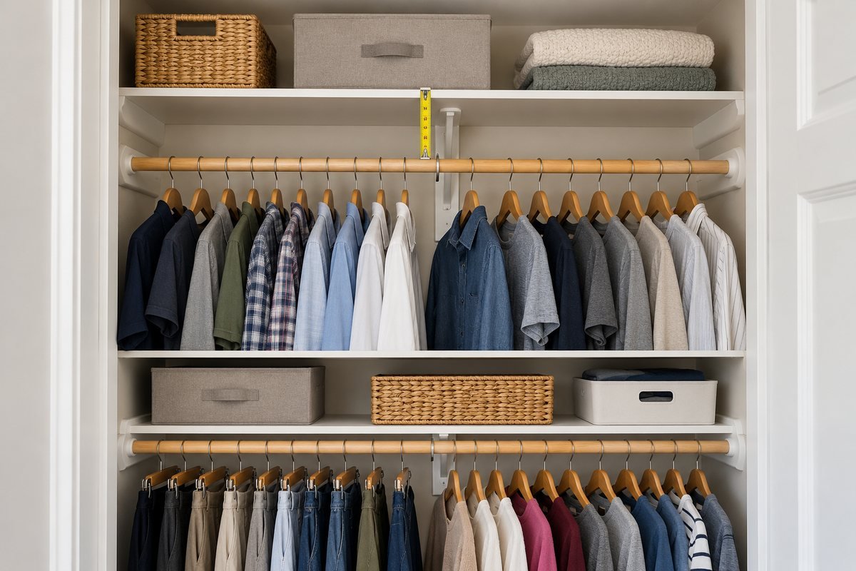 Closet rod height and shelf spacing measured with a tape measure in a double-hang closet