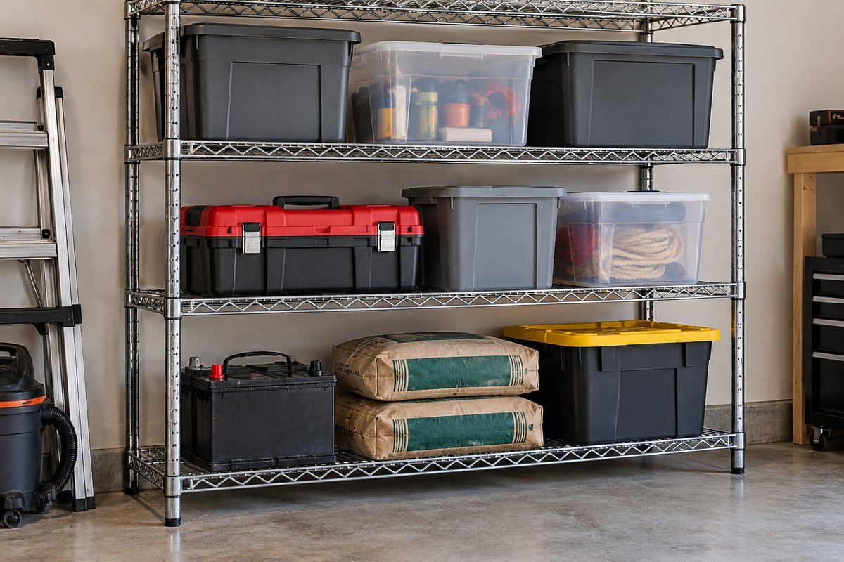 Garage wire shelving unit loaded with storage bins, a toolbox, a car battery, and bags of concrete mix, with the heaviest items on the bottom shelf