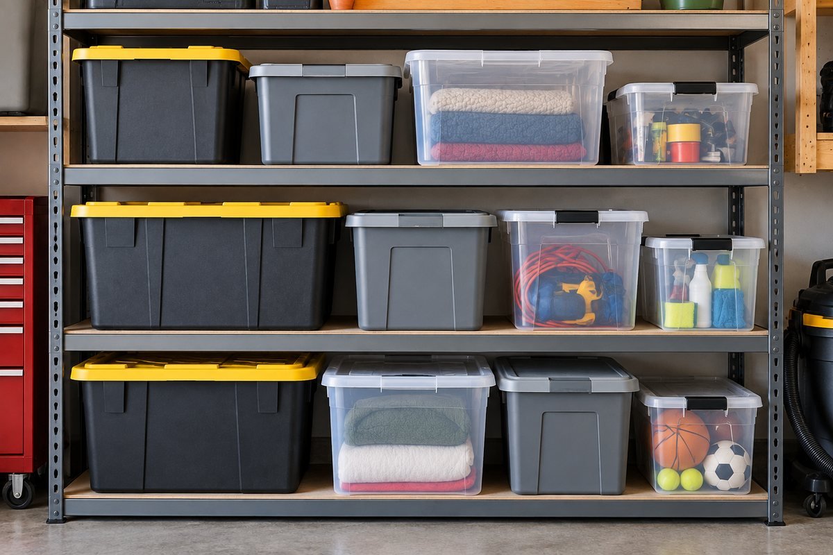 Storage bin size calculator example: garage shelf loaded with different sized plastic totes